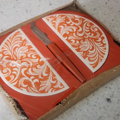 Vintage Cheese Cutting Board Set With Knife Orange Floral Pattern Retro