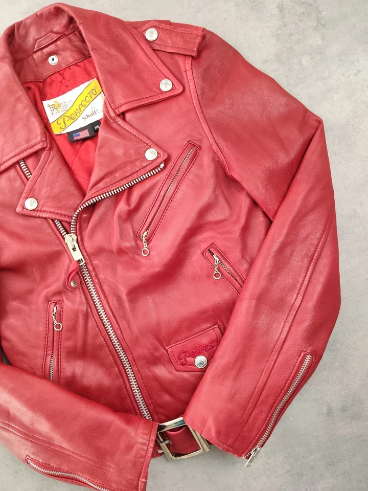 Chaqueta perfecta de cuero de cordero Schott NYC auténtica chaqueta de cuero rojo de motocicleta - Imagen 4 de 4