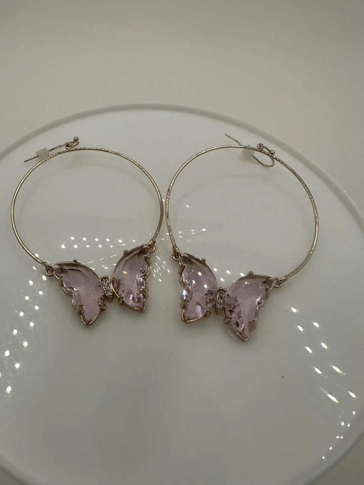 Butterfly Earrings Pink Gems Geode Hoop Boho Gold CZ Pendants - Image 3 of 4