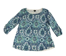Talbots Blue Aqua Paisley Stretch Cotton Pullover Sweater Top PL