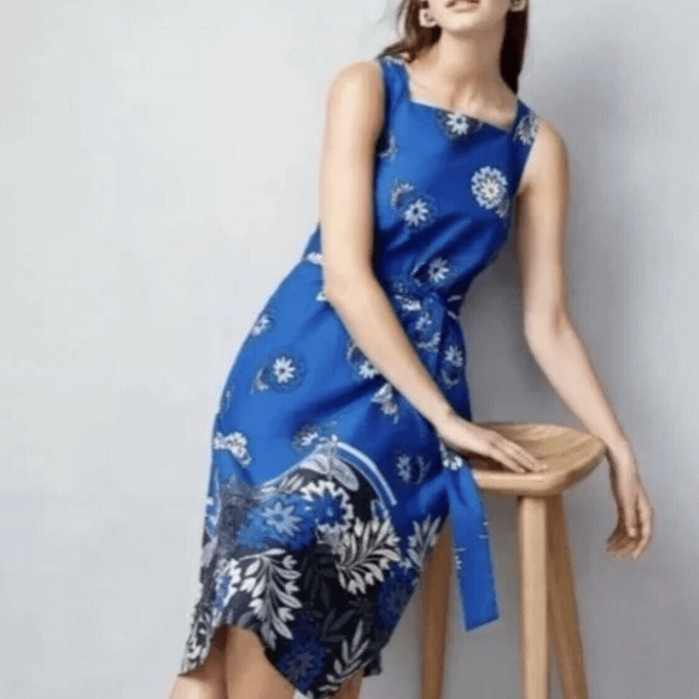 Ann Taylor Blue Floral Sleeveless Midi Dress Square Neck Belted Size 6