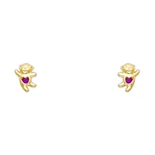 Ioka - 14K Yellow Gold Red CZ Teddy Bear Stud Screw Back Earrings