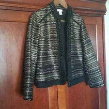 Chicos Blazer Size 0 Small Open Front Metallic Gold Silver Thread Classic