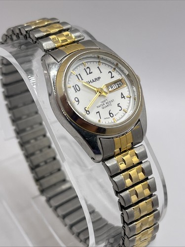 Sharp Women's Quartz Watch Two Tone Stretch Band Day/Date- New Battery - Picture 2 of 7