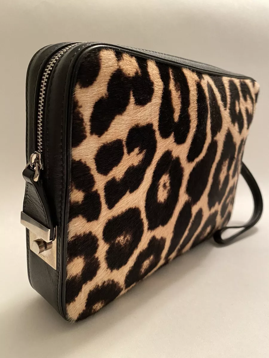 Celine Leopard Print Ponyskin Black Nappa Leather Clutch Handbag Side Lock