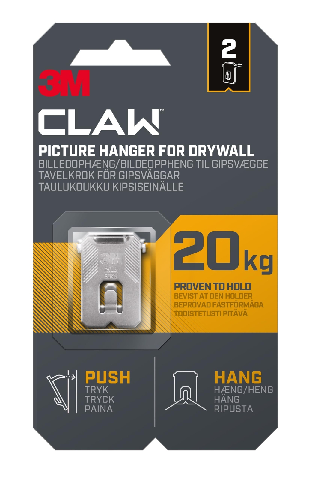 3M CLAW Picture Hooks for Hanging Paintings on Plaster Walls, 2 Hooks - Maximum