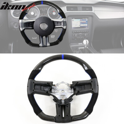 Fits 10-14 Ford Mustang Steering Wheel Blue Stitch & Ring Alcantara Carbon Fiber