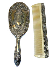 Vintage Silver Plated Brush and Comb Vanity Set 2 Items Victorian Flower Scroll