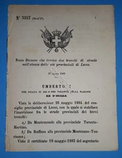 Decree Kingdom of Italy - Inscription two logs of roads list streets of Lecce 1885