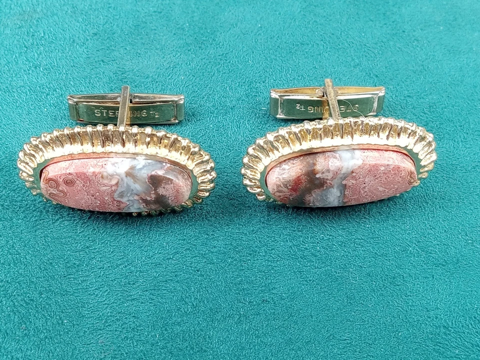 Gold over Sterling Silver Men's Cufflinks w. Striking Jasper Stone Settings - Image 2 of 4