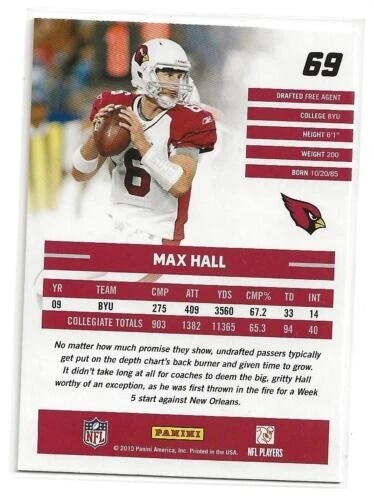 2010 Panini Donruss Rated Rookie Max Hall Arizona Cardinals - Image 2 of 2