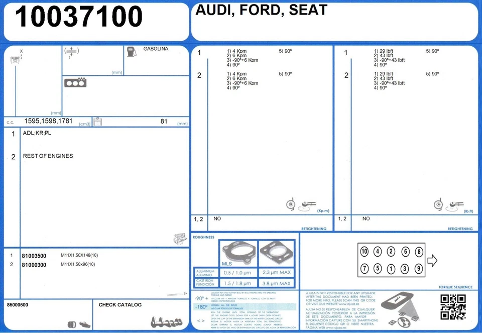 Full Engine Rebuild Gasket Set VOLKSWAGEN PASSAT 1.6 70/75 JU (1983-7/1992) — 第 2/2 张图片