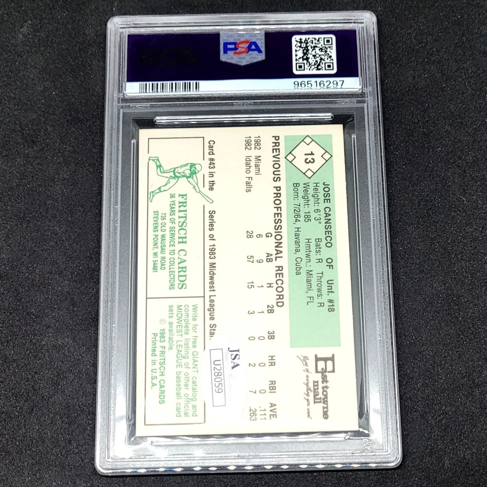 1983 Fritsch Jose Canseco XRC #13 PSA Mint 9 Auto 10 Signed Rookie Madison - Image 2 of 2