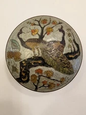 VTG Brass Cloisonne Peacocks Round Lidded Trinket Jewelry Dish 5"D