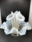 Vintage MCM Fenton Opalescent 3 Horn Hobnail Epergne Vase White Clear