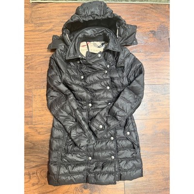 Burberry Brit Black Quilted Puffer Coat Detachable Hood Double Breasted Small