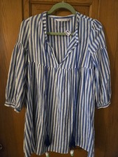 Zara Trafaluc Blue and white stripped mini dress/top with Pom Pom tassels Small