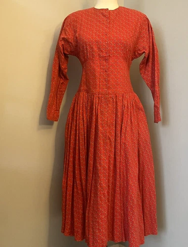 Vintage 80s Liz Claiborne Dress Red Paisley Sz 8 100% Cotton Cottagecore Prairie