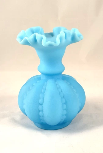 Vintage Fenton Blue Satin Ruffled Beaded Melon Vase
