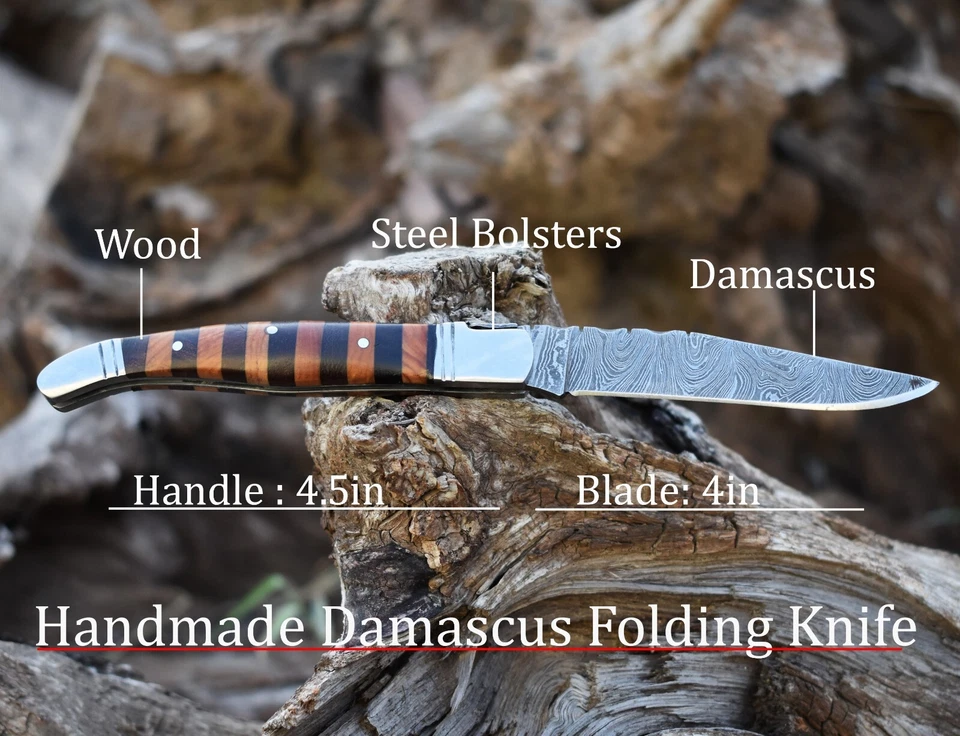 Damasco Cuchillo Plegable Hecho a Mano Cuchillo de Bolsillo Camping Cuchillo de Caza con Bolsa Foto 2 de 4
