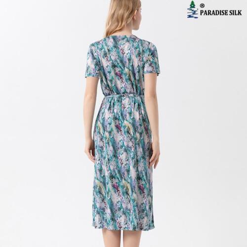 Elegante vestido de punto de seda cuello en V, vestido de longitud media para damas con pr... - Imagen 2 de 10