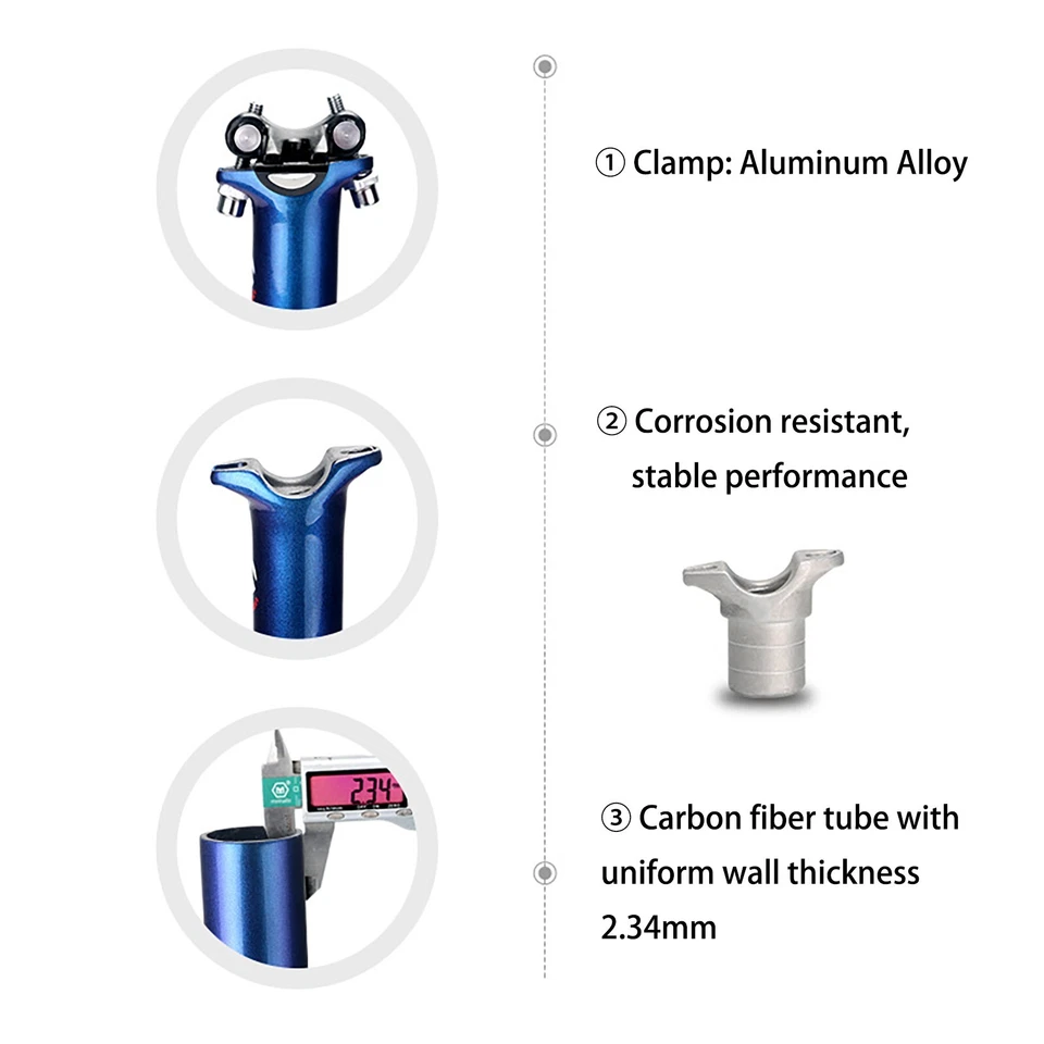 Tija de sillín de fibra de carbono tubo carreras bicicleta de carretera tija de sillín azul 27,2 mm Foto 2 de 4