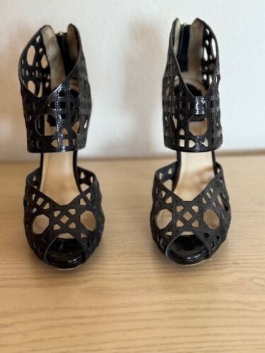 Vintage CHRISTIAN DIOR Black Cannage Cut Out Patent Leather Peep Toe Pumps