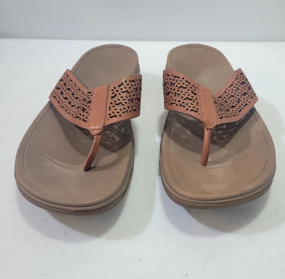 Sandalias FitFlop Lattice Surfa Marrón Corte Láser Cuero Tanga Deslizables Talla 11 Foto 3 de 4
