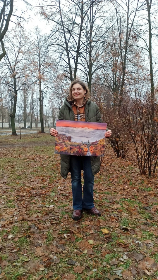 Aquarell Gemälde Nebel Herbst Landschaft Kiew Stadt Haus Geschenk ukrainischer Künstler - Bild 2 von 4