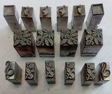 Vintage Lot 16 Lead Letter Printing Antique Press Type Set Blocks Flowers Shapes