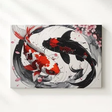 Yin-Yang Koi Fish Canvas Stylized Harmony & Cherry Blossom Wall Art