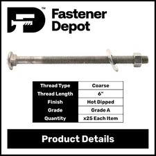 1/2"-13 x 8" Hot Dipped Galvanized Carriage Bolt Kit w/Nuts & Flat Washers (25x)