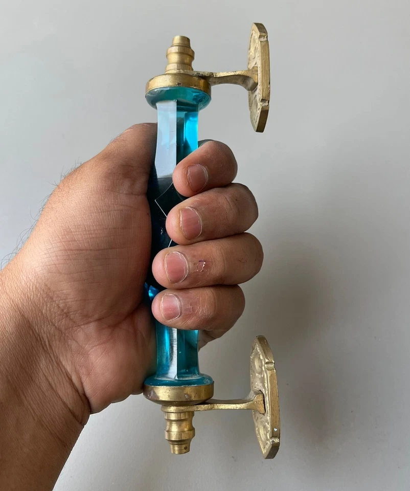 Manija de puerta de vidrio y latón 2 piezas estilo antiguo 6,5"" cristal/azul cortado coleccionable Foto 3 de 4