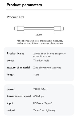 1.2M 240W Magnetyczny kabel szybkiego ładowania 4w1 do telefonu komórkowego USB typu A-C / C-C Multi kabel ładujący - Zdjęcie 11 z 11