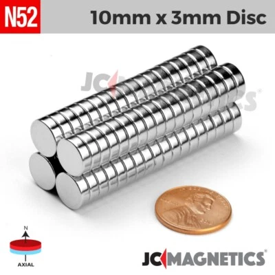 10mm x 3mm N52 Super Strong Round Disc Rare Earth Neodymium Magnets 10x3mm - Image 1 of 2