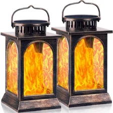 Solar Lights Flickering Flame Upgraded Metal Solar Lantern Outdoor Hanging De...