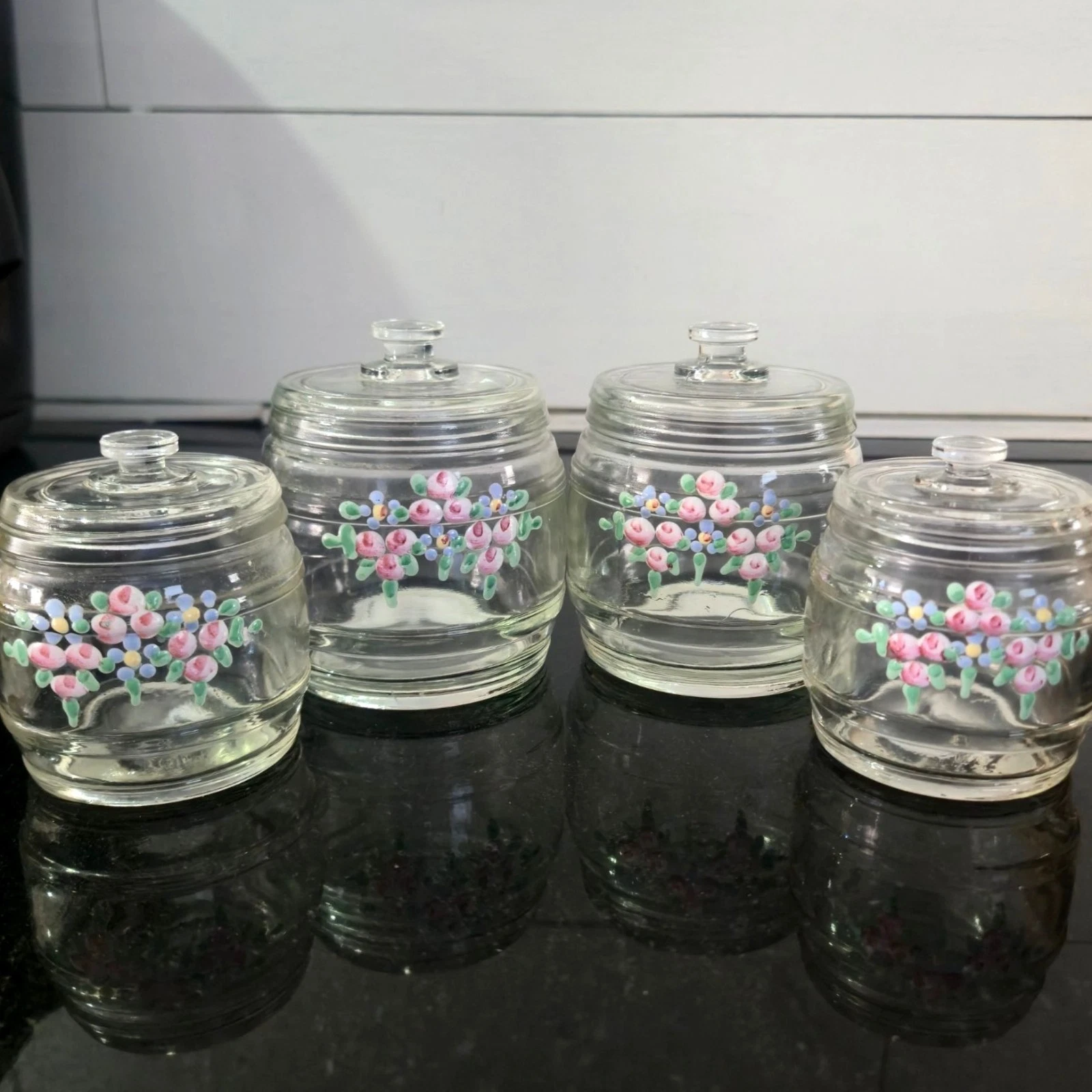 Vintage Nursery Jars & lids Richard G. Krueger Glass Floral painted Vanity 1950