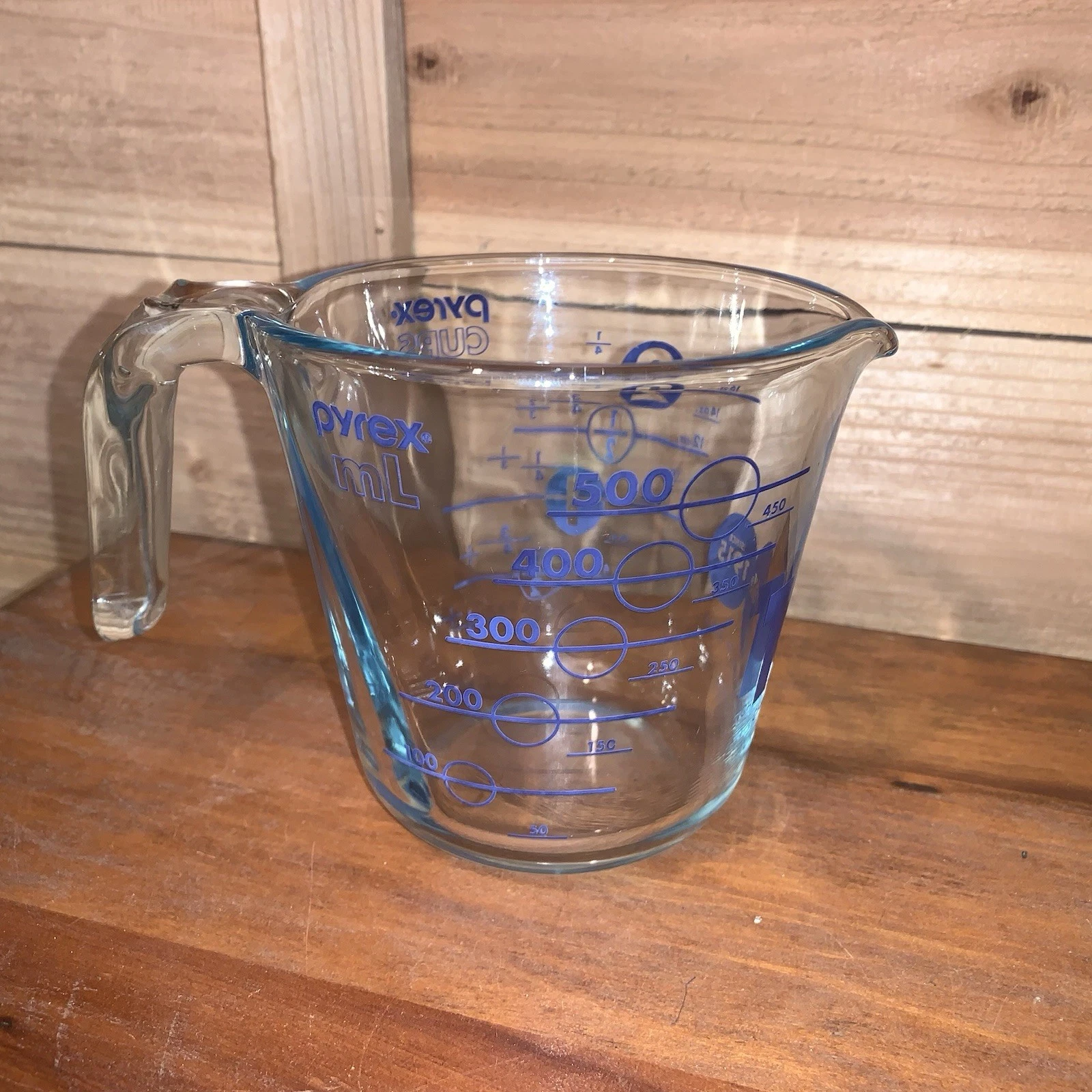 Vintage Pyrex 2-cup BLUE Lettering Glass Measuring Cup 16oz USA 1980's