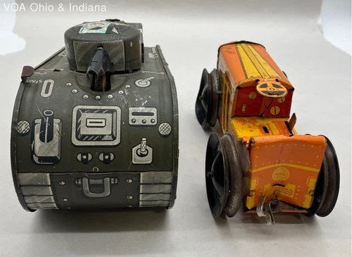 Vintage Marx Tin Litho Racer & Military Tank Toy Lot