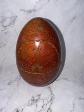 Vintage Carved Wooden Egg Shaped Box Sewing Items Notions Holder
