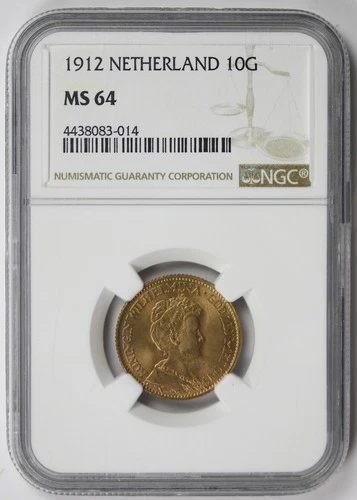 1912 Netherlands Gold 10 Gulden MS 64 NGC