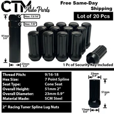 20x 2" Black 9/16-18 Spline Tuner Racing Lug Nuts Dakota Durango Ram1500 & More