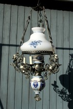 XL Dutch Delft blue white  pottery angels cherubs metal glass chandelier 3 arms 