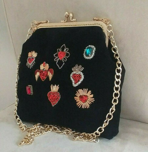 Borsa nera velluto Cuore Sacro ricamo a mano perline e strass, Handmade . |  eBay
