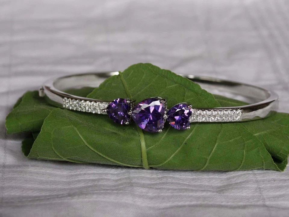 Pulseira pulseira ouro branco 14k acabamento 3 quilates simulado roxo ametista/diamante - Imagem 3 de 4