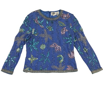 Vintage Beaded Top 1990s Blue Pink Silver Long Sleeve Sequin Blouse Medium  Large