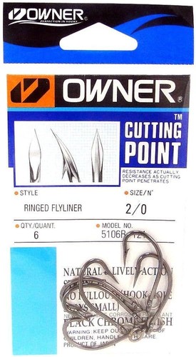 NEW Owner Cutting Point Ringed Flyliner Size 2/0 Quantity 6 Fishing Hooks Black