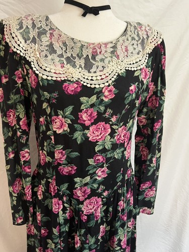Vtg Rose Dark Floral 80s Dress Lace Gothic Princess Romantic Fairy Whimsigoth - Picture 4 of 21