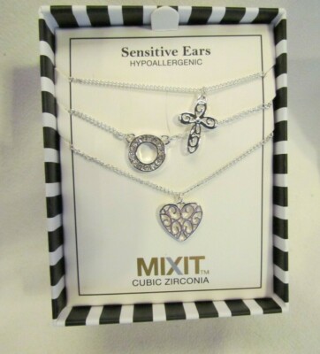 Mixit Heart Filigree Necklace 3pc Set Silver Shape Cross Fashion Jewelry Gift 