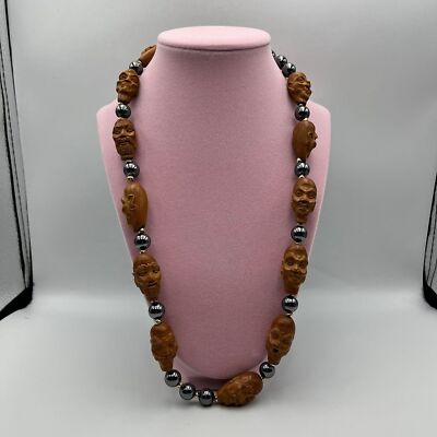 Asian Carved Peach Pit Faces and Compo Bead Necklace